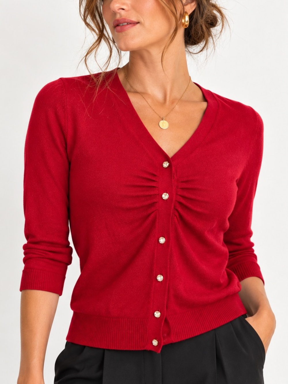 Talbots Red Ruched Cardigan Sweater Rhinestone Button Front Medium